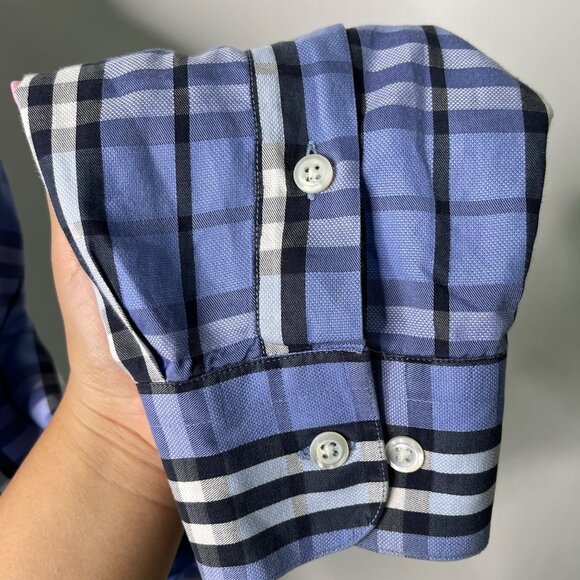 Burberry Men's Blue Plaid Nova Check Button Down Long Sleeve Shirt Size Large - Picture 10 of 15